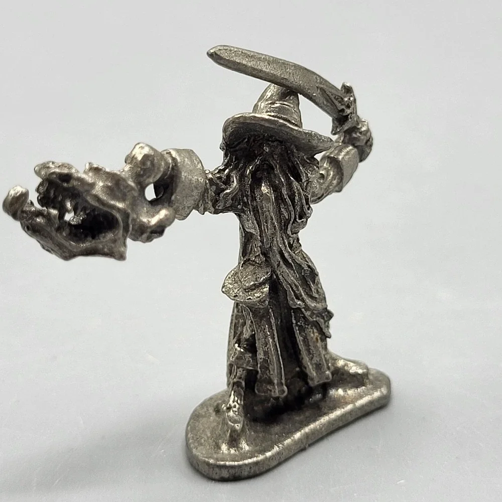 Vtg 1996 Signed Pewter Wizard Figurine Sword Dragon Shelf Decor 1.25